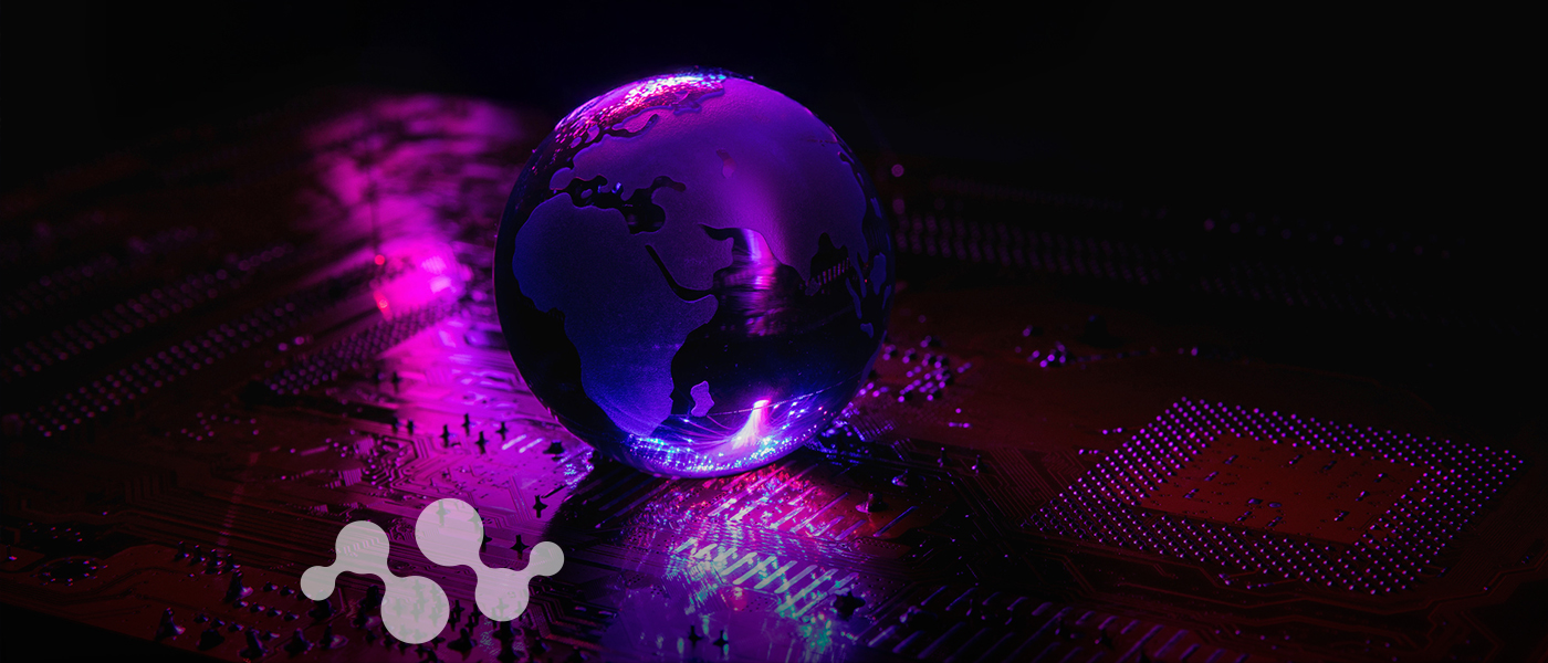 Digital illustration showing a glowing purple and blue Earth globe surrounded by dynamic wave patterns, particle effects, and abstract network visualizations against a dark background, representing global IoT connectivity and LoRaWAN technology.